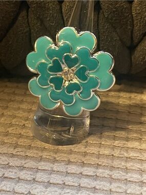 Teal Floral Enamel Stretchy Ring with Crystal Center